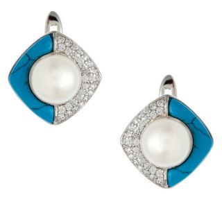 Kabella Sterling Silver FW Pearl, Turquoise and CZ Earrings (9 9.5 mm)