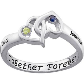 Personalized Sterling Silver Couple's Entwined Hearts Birthstone and Name Ring