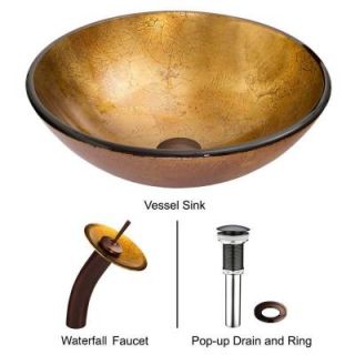 Vigo Glass Vessel Sink in Liquid Gold with Waterfall Faucet Set in Oil Rubbed Bronze VGT019RBRND