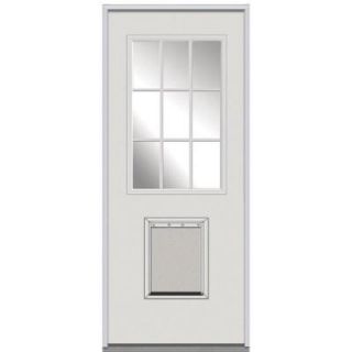 Milliken Millwork 32 in. x 80 in. Classic Clear Glass GBG 9 Lite Primed White Steel Replacement Prehung Front Door with Pet Door Z000998R