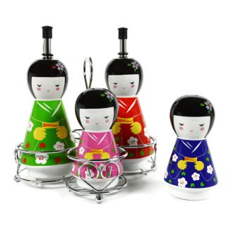 Geisha Ceramic Oil and Vinegar Dispensers, Salt and Pepper Shakers