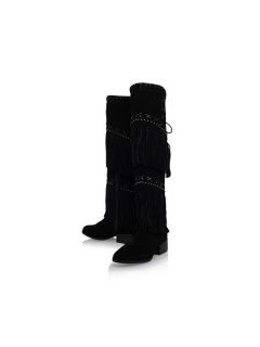 Carvela Whip flat knee high fringe detail boots Black