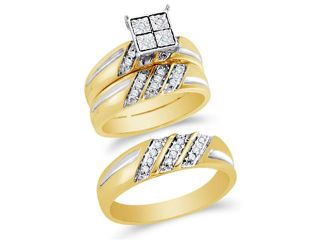 10K Two Tone Gold Diamond His & Hers Trio 3 Ring Set   Square Princess Shape Center Setting w/ Pave Channel Set Round Diamonds   (1/4 cttw, G H, SI2)   SEE "OVERVIEW" TO CHOOSE BOTH SIZES