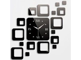Black Squares Luxury Wall Art DIY Clock Mirror Stickers for Home Decoration