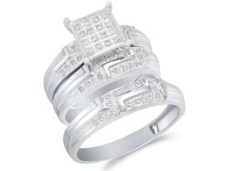 10K White Gold Diamond His & Hers Trio 3 Ring Set   Square Princess Shape Center Setting w/ Pave Channel Set Round Diamonds   (2/5 cttw, G H, SI2)   SEE "OVERVIEW" TO CHOOSE BOTH SIZES