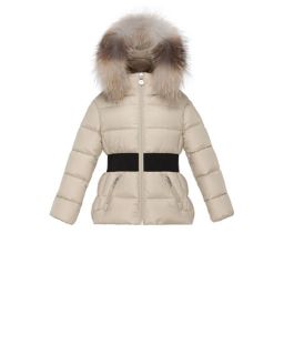Moncler Aimee Hooded Fur Trim Puffer Coat, Champagne, Size 8 14