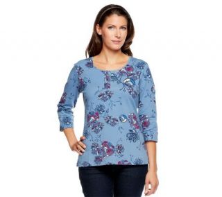 Denim & Co. Perfect Jersey 3/4 Sleeve Button Placket Floral T shirt —