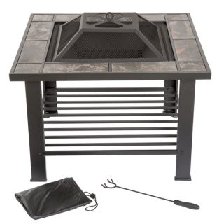 Pure Garden 30 inch Square Fire Pit and Table with Cover   Black