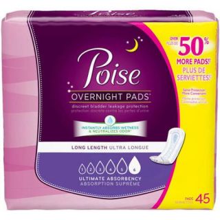 Poise Incontinence Overnight Pads, 45 count