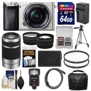 Sony Alpha A6000 Wi Fi Digital Camera & 16 50mm Lens (Silver) with 55 210mm Lens + 64GB Card + Case + Flash + Battery/Charger + Tripod Kit