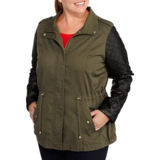 Women's Plus Size Cargo Jacket With Quilted Faux Leather Sleeves