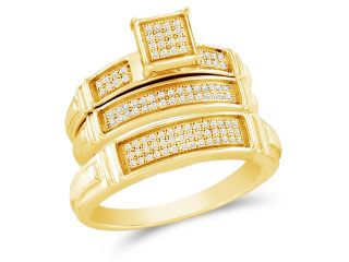 .925 Silver Plated in Yellow Gold Diamond His & Hers Trio Set   Square Shape Center Setting w/ Micro Pave Set Round Diamonds   (.29 cttw, G H, SI2)   SEE "OVERVIEW" TO CHOOSE BOTH SIZES