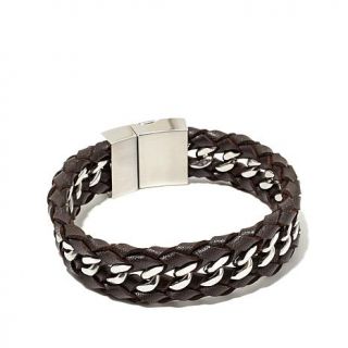 Men's Stainless Steel Link and Leather Magnetic Woven Bracelet   7562065