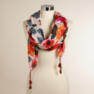 Warm Floral Scarf with Tassels