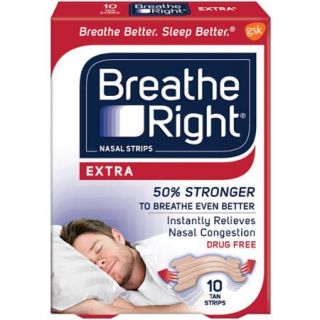 Breathe Right Extra Nasal Strips, Tan Color Strips for Sensitive Skin, Drug Free, 10 Strips
