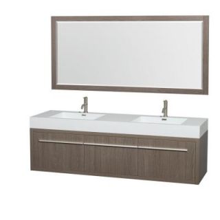 Wyndham Collection Axa 72 in. Double Vanity in Gray Oak with Acrylic Resin Vanity Top in White, Integrated Sinks and 70 in. Mirror WCR430072DGOARINTM70