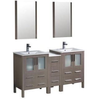 Fresca Torino 60 in. Double Vanity in Gray Oak with Ceramic Vanity Top in White with White Basin and Mirrors FVN62 241224GO UNS