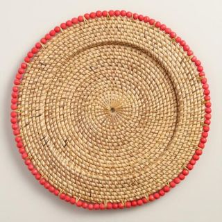 Coral Beaded Rim Rattan Chargers, Set of 4
