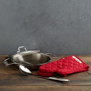 All Clad Brushed d5 2 Quart All Purpose Pan With Oven Mitts, Spoon & Domed Lid