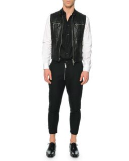 Dsquared2 Leather Moto Vest, Button Down Shirt with Contrast Bib & Hockney Zipper Moto Pants