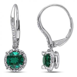 10K White Gold .1ct White Diamond and Created Emerald Leverback Earrings   7792103