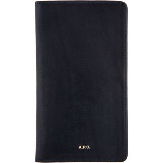 Grained leather bifold continental wallet in deep navy. Gold logo
