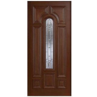 Main Door 36 in. x 80 in. Mahogany Type Arch Glass Prefinished Antique Beveled Zinc Solid Wood Front Door Slab SH 555 ATQ BZ