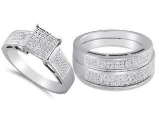 .925 Silver Plated in White Gold Diamond His & Hers Trio Set   Square Shape Center Setting w/ Micro Pave Set Round Diamonds   (3/5 cttw, G H, SI2)   SEE "OVERVIEW" TO CHOOSE BOTH SIZES