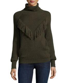 Haute Hippie Ribbed Turtleneck with Fringe, Military