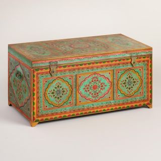 Large Teal Painted Wood Trunk