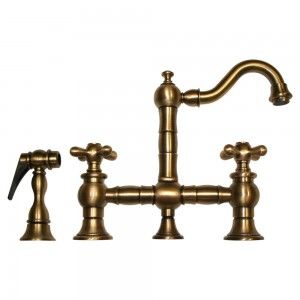 Whitehaus WHKBTCR3 9206 AB Vintage III entertainment/prep bridge faucet with short traditional swivel spout, cross handles and solid brass side spray   Antique Brass