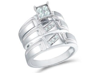 10K White Gold Diamond His & Hers Trio 3 Ring Set   Square Princess Shape Center Setting w/ Pave Channel Set Round Diamonds   (.28 cttw, G H, SI2)   SEE "OVERVIEW" TO CHOOSE BOTH SIZES