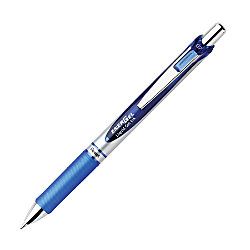 Pentel EnerGel Retractable Liquid Gel Pens Medium Point 0.7 mm Silver Barrel Blue Ink Pack Of 12