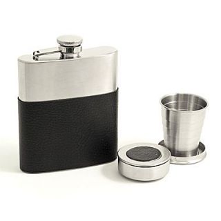 Bey Berk Stainless Steel  Flask Gift Set With Black Leather Wrap and 2 Collapsible Cups, 7 oz.