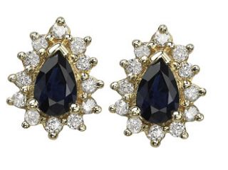 14K Yellow Gold 0.3ct Radiating Drop Prong Diamond & Pear Synthetic Sapphire Stud Earrings