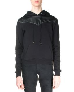 Saint Laurent Hooded Sweatshirt with Leather Detail, Black