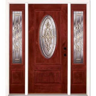 Feather River Doors 63.5 in. x 81.625 in. Silverdale Zinc 3/4 Oval Lite Stained Cherry Mahogany Fiberglass Prehung Front Door with Sidelites 712590 3A3