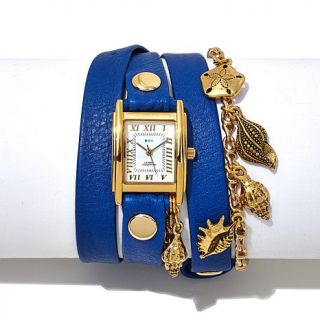 La Mer Montauk Ocean Inspired Goldtone Chain and Charms Blue Leather Wrap Desig   8062045