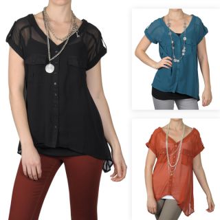 Journee Collection Womens Short sleeve Button up Sheer Top