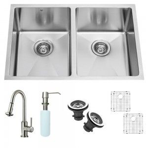 VIGO Industries VG15061 Kitchen Sink Set, Undermount Sink, Faucet, Two Grids, Two Strainers & Dispenser   Stainless Steel